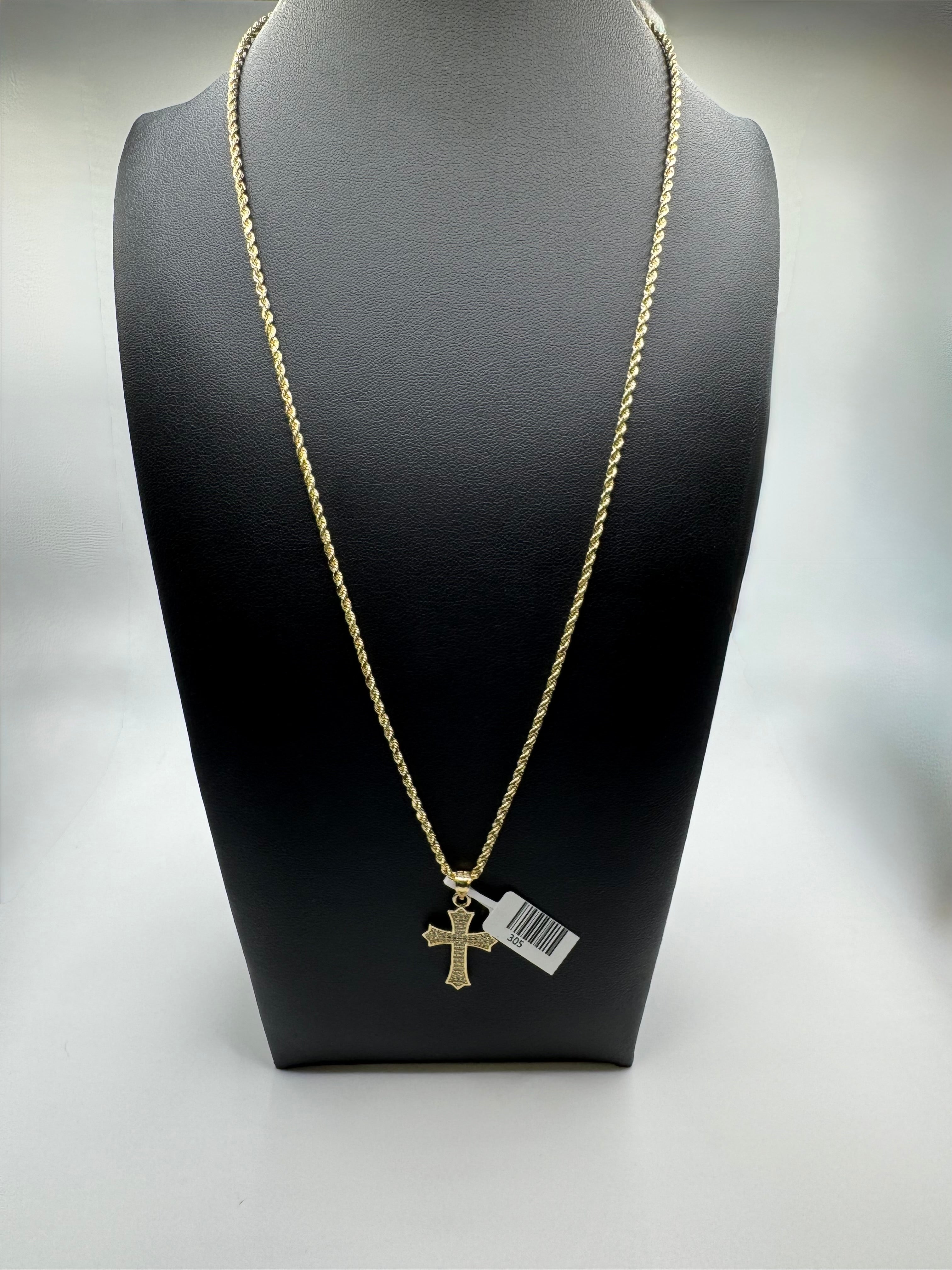 10K Gold Rope Chain With Cross Pendant