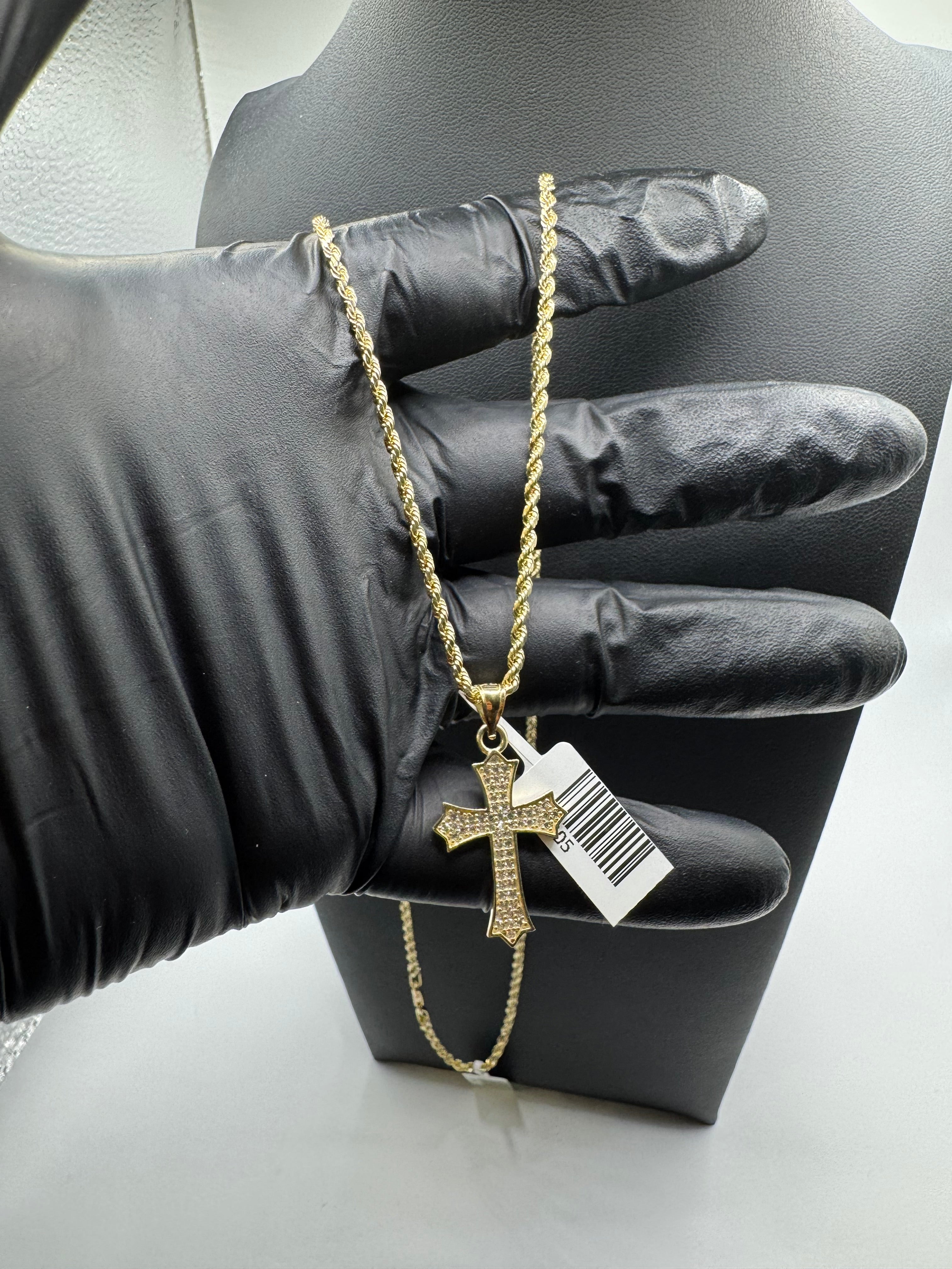 10K Gold Rope Chain With Cross Pendant