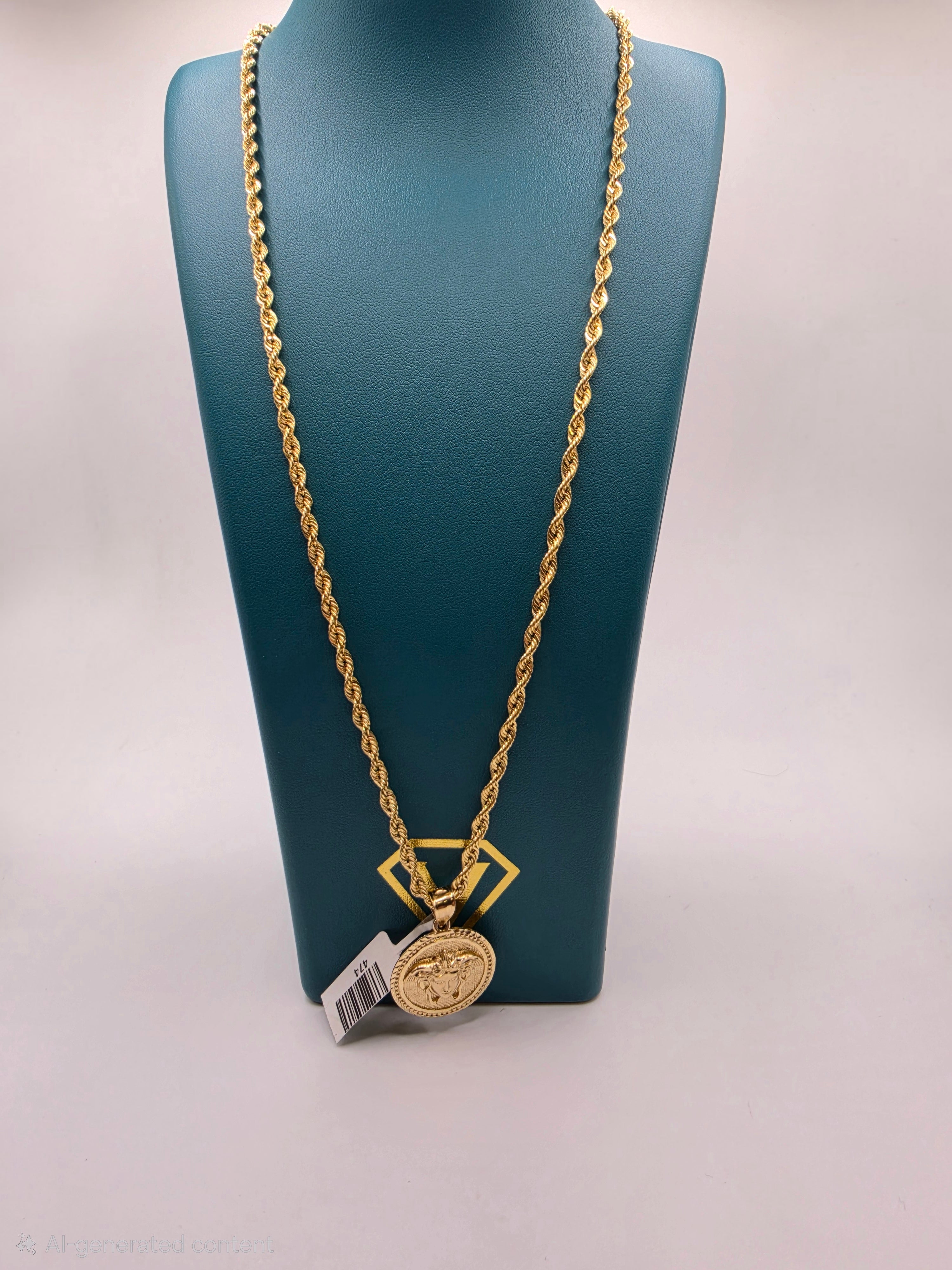 10K Gold Rope Chain Semi Solid with Pendant